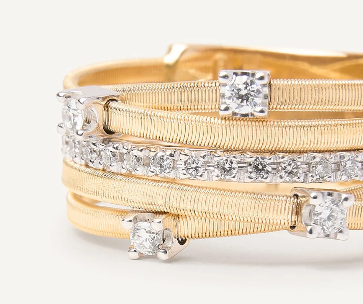 Five-Band Yellow Gold Ring With Prong-Set Diamonds And A Diamond-Studded Plaque|Marco Bicego Hot