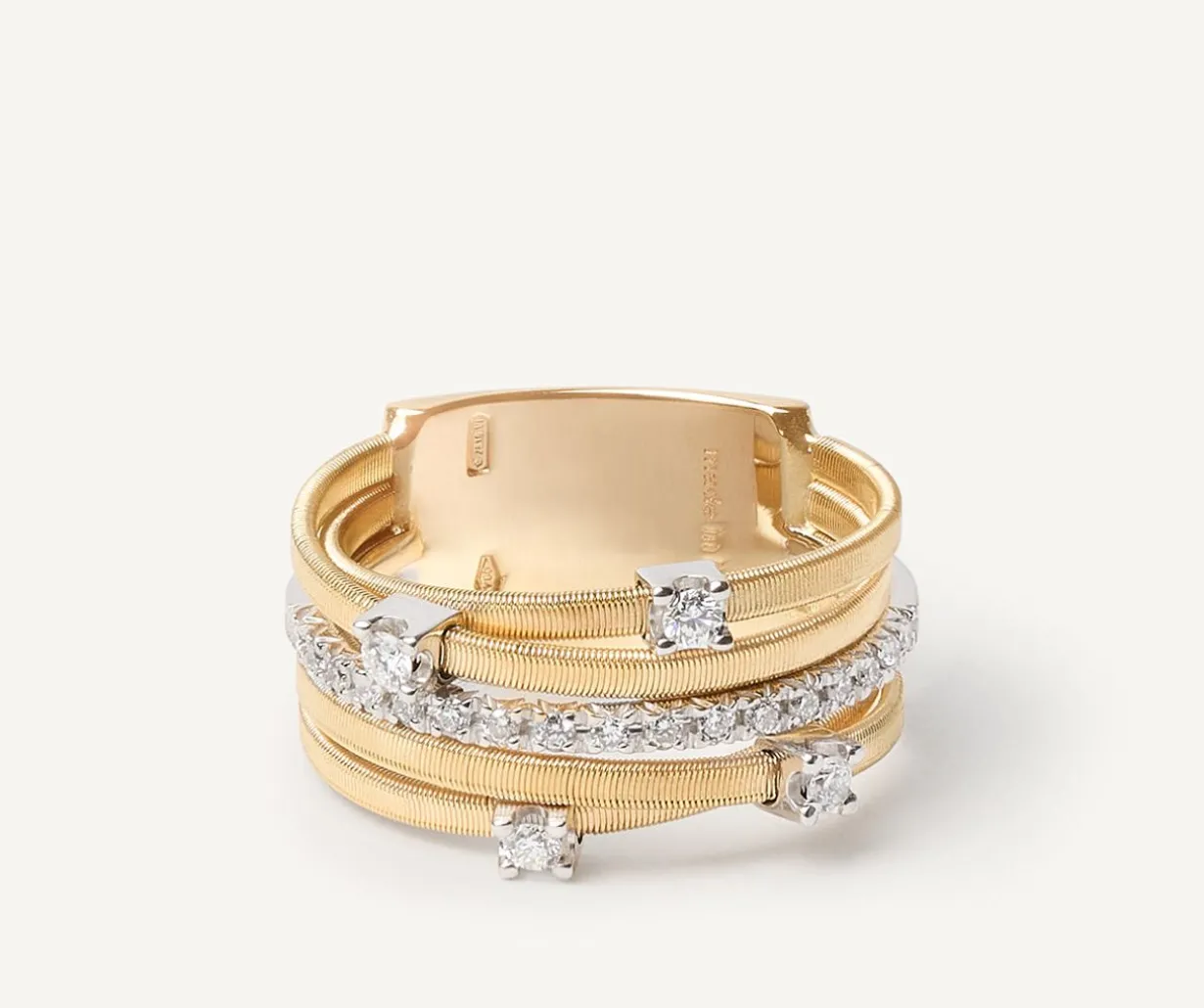Five-Band Yellow Gold Ring With Prong-Set Diamonds And A Diamond-Studded Plaque|Marco Bicego Hot