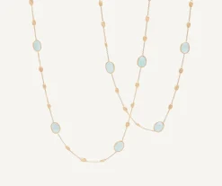 18Kt Yellow Gold Long Necklace With Small Oval Elements, Aquamarines, And Diamonds|Marco Bicego Online