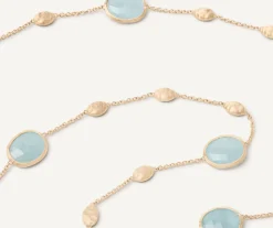 18Kt Yellow Gold Long Necklace With Small Oval Elements, Aquamarines, And Diamonds|Marco Bicego Online