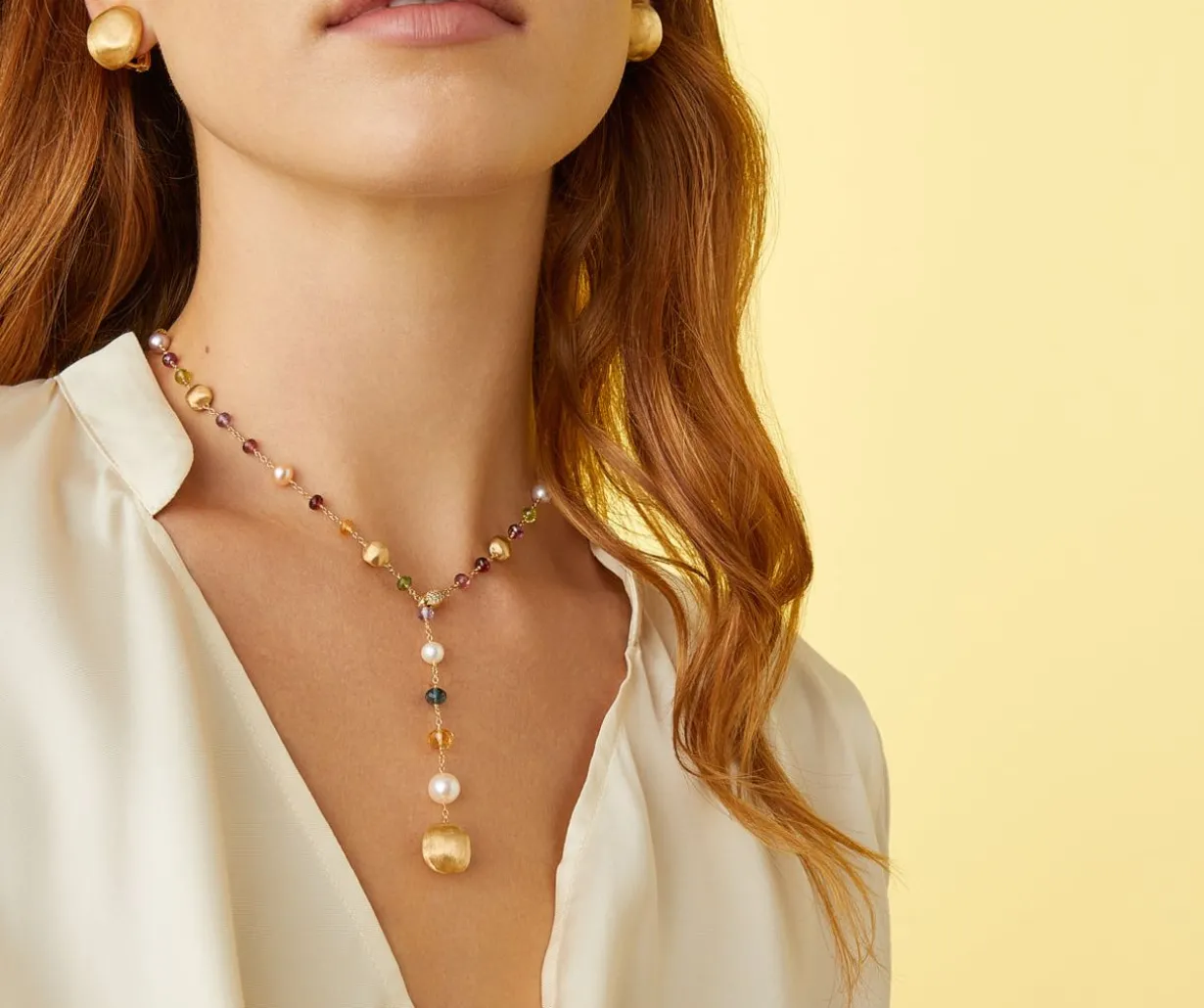 Mixed Gemstone And Pearls 18Kt Yellow Gold Lariat Necklace|Marco Bicego Cheap