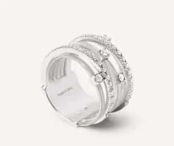 Seven-Band White Gold Ring With Prong-Set Diamonds And Diamond-Studded Plaques|Marco Bicego New