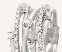 Seven-Band White Gold Ring With Prong-Set Diamonds And Diamond-Studded Plaques|Marco Bicego New