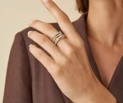 Seven-Band White Gold Ring With Prong-Set Diamonds And Diamond-Studded Plaques|Marco Bicego New