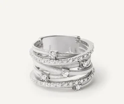 Seven-Band White Gold Ring With Prong-Set Diamonds And Diamond-Studded Plaques|Marco Bicego New